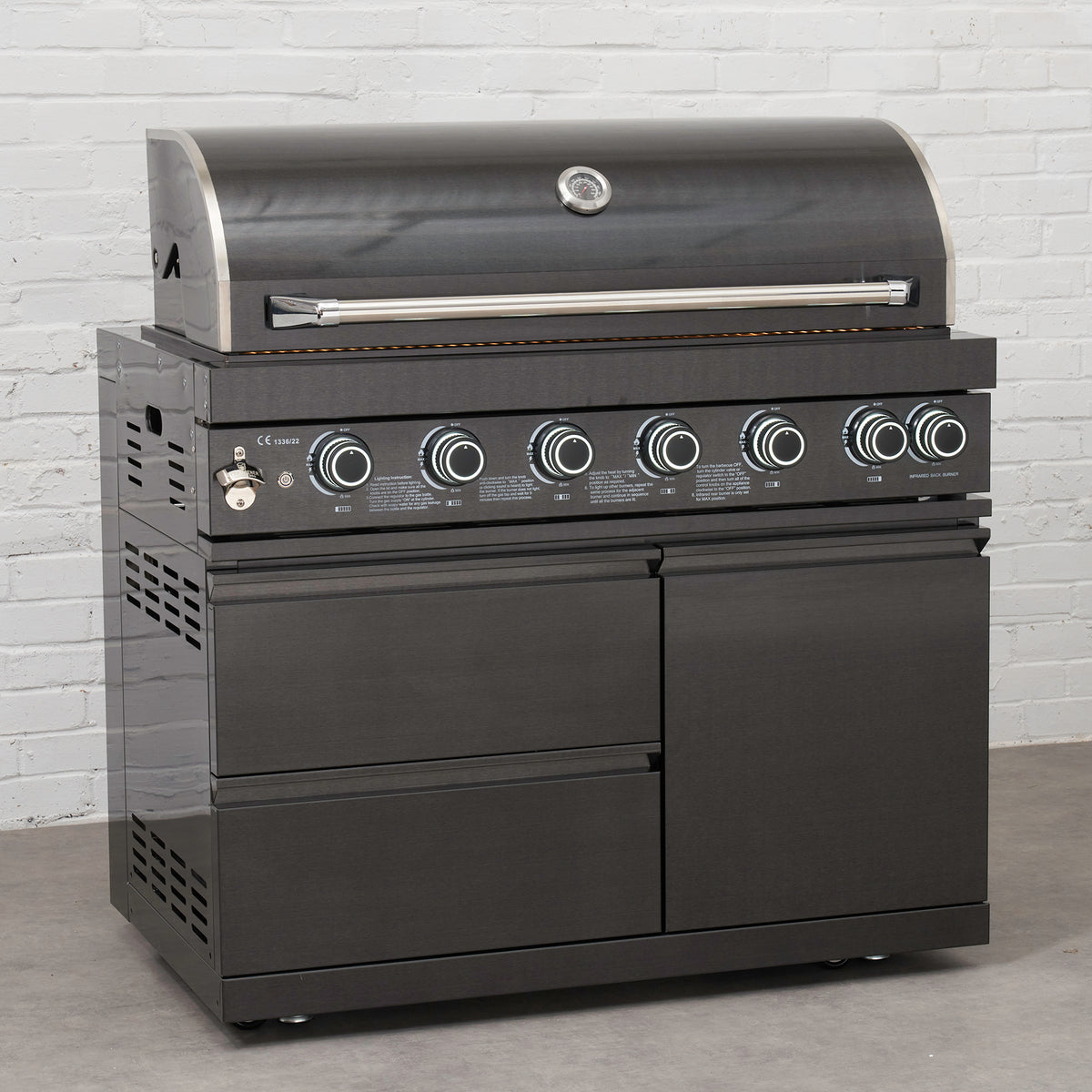 Draco Grills 6 Burner BBQ Black Stainless Steel Modular Outdoor Kitchen with Fridge and Sink Unit and Double Cabinet