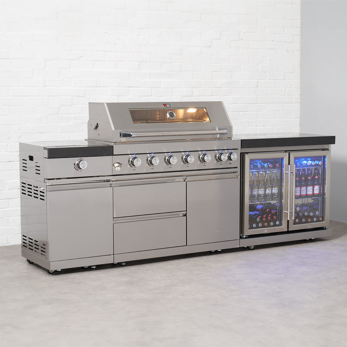 Draco Grills 6 Burner BBQ Modular Outdoor Kitchen with Sear Station and Double Fridge Unit