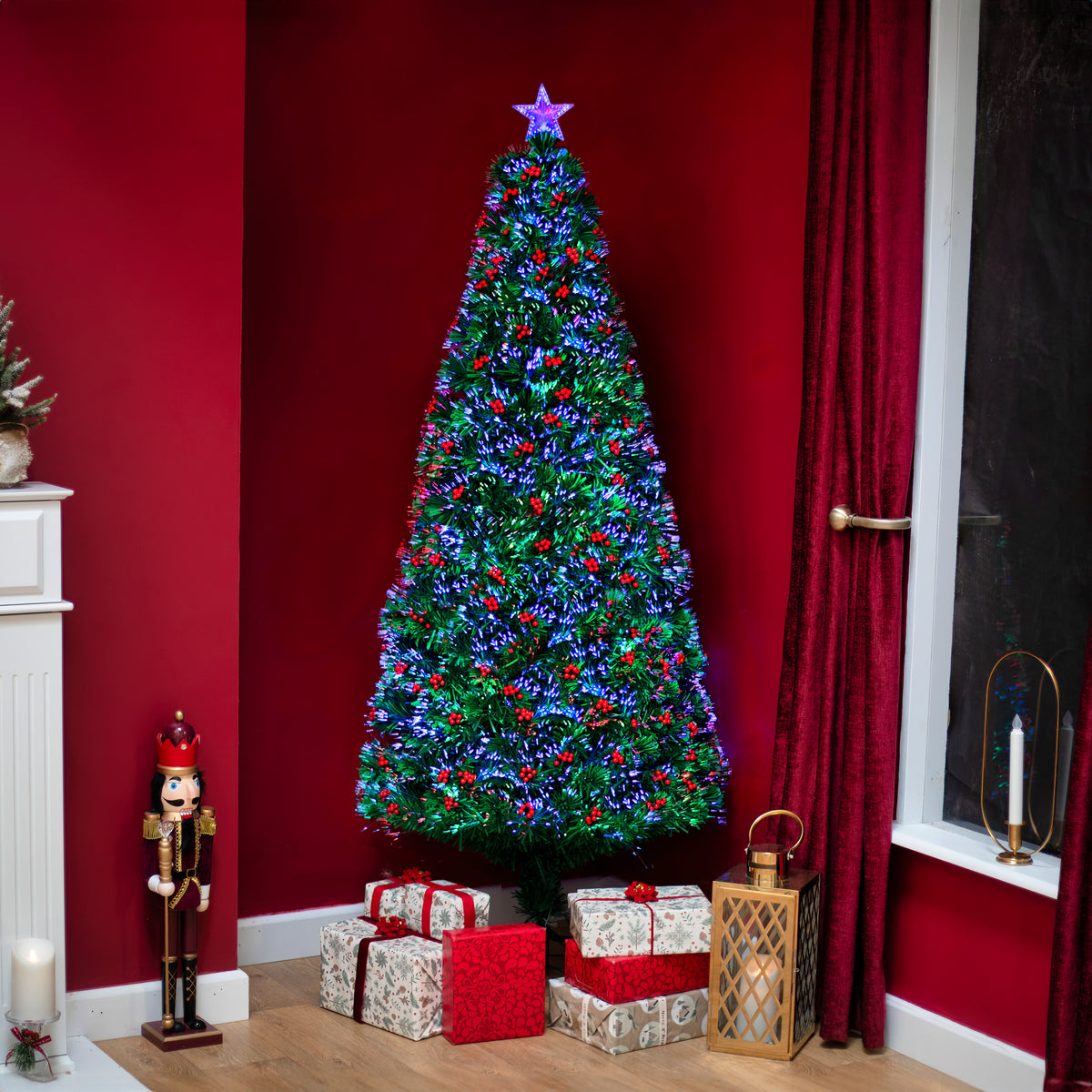 2ft - 7ft Green Fibre Optic Christmas Tree with Multi Coloured Fibre Optic Lights and Red Berries