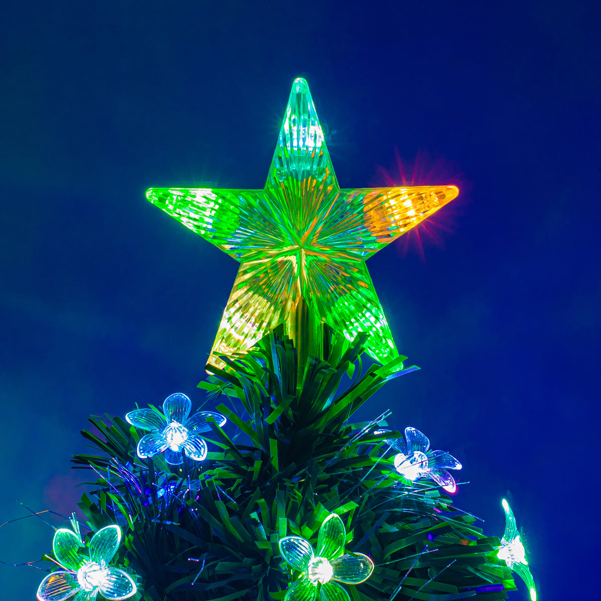 Green Fibre Optic Christmas Tree 2ft to 4ft with Multi Coloured Fibre Optics and Flowers