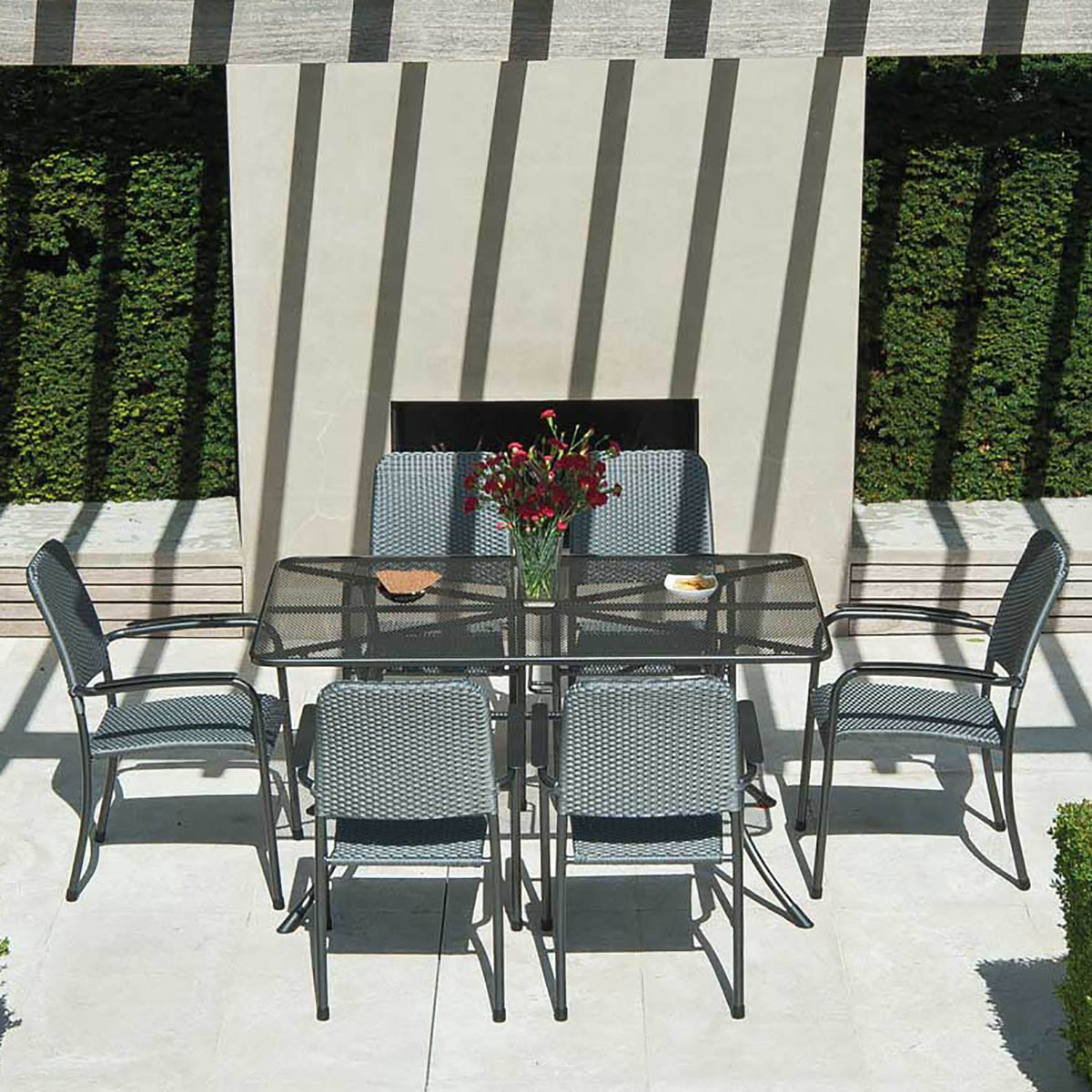 Alexander Rose Portofino 6 Seater Metal Garden Furniture Set with Rectangular Table &amp; Woven Armchairs