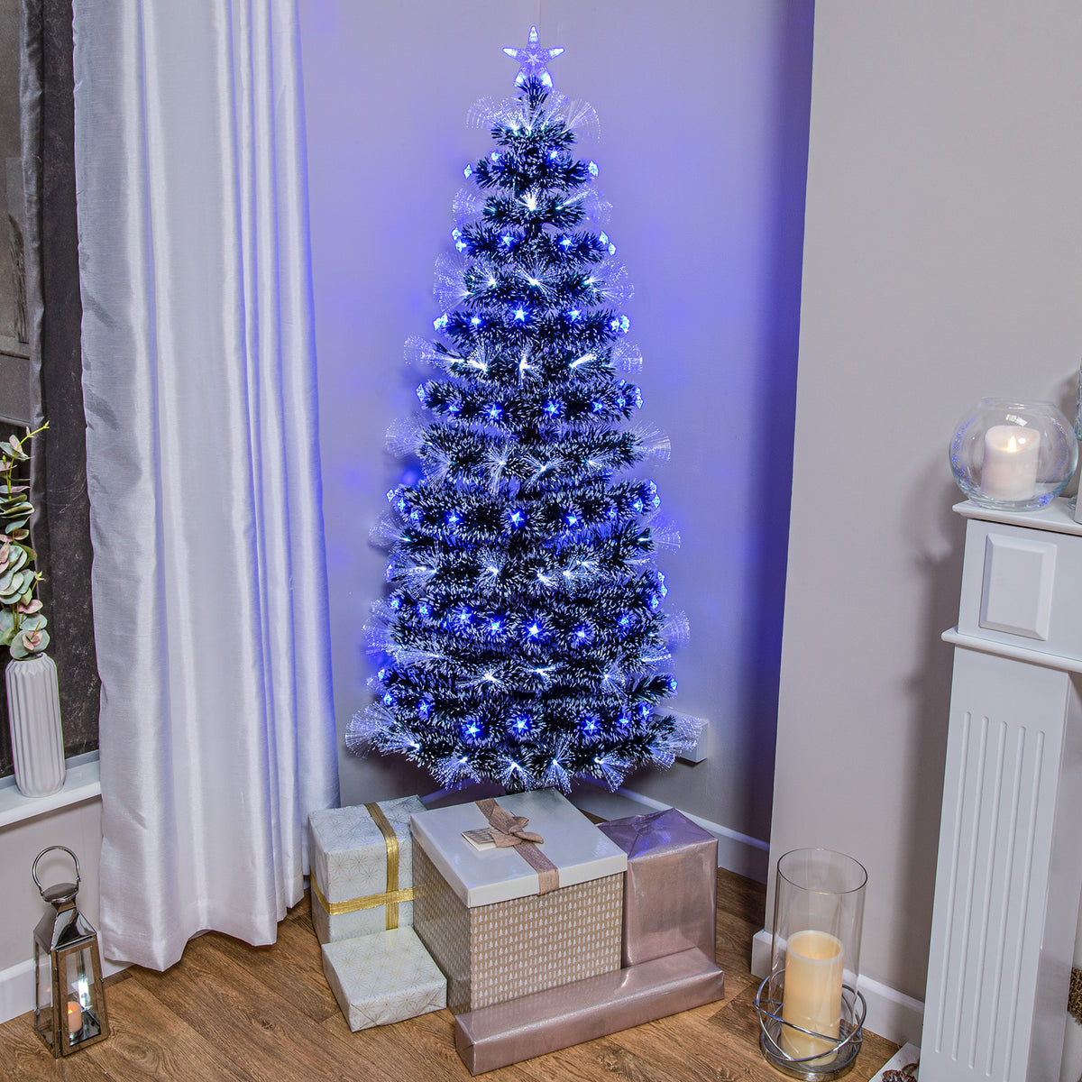 Green Christmas Tree 2ft to 6ft with Blue LED Lights and Stars and White Fibre Optics