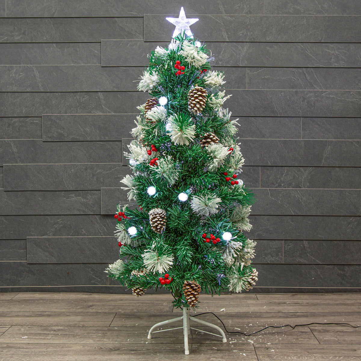 Flocked Green Pine Christmas Tree 4ft to 6ft with White Fibre Optic and LED&#39;s, Berries and Cones