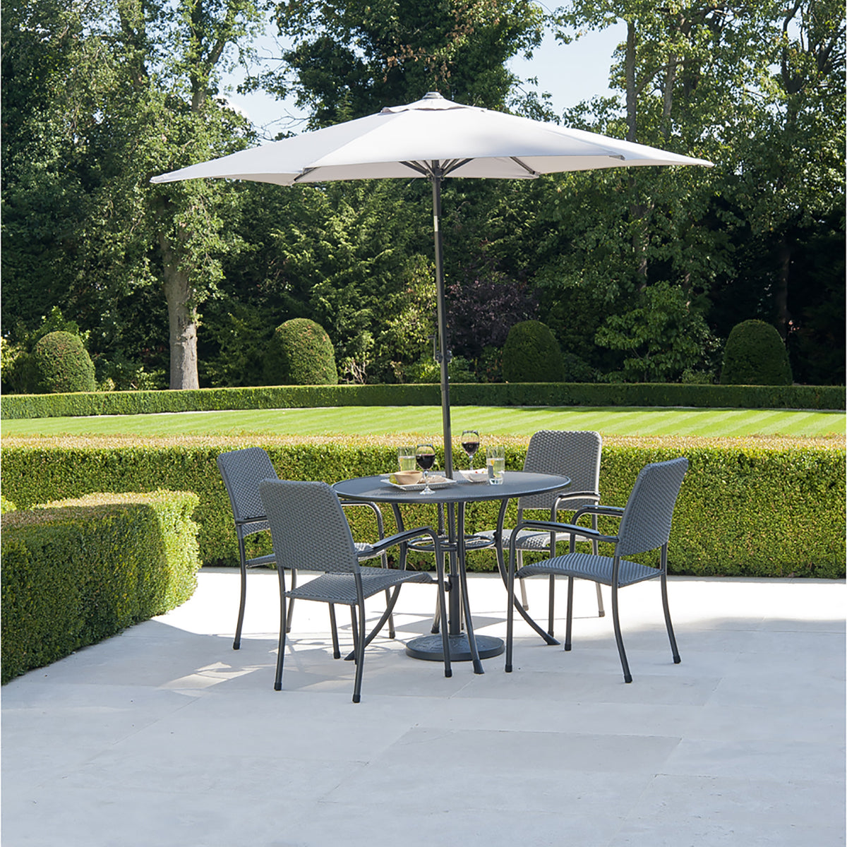 Alexander Rose Portofino 4 Seater Metal Garden Furniture Set with Round Table &amp; Woven Armchairs