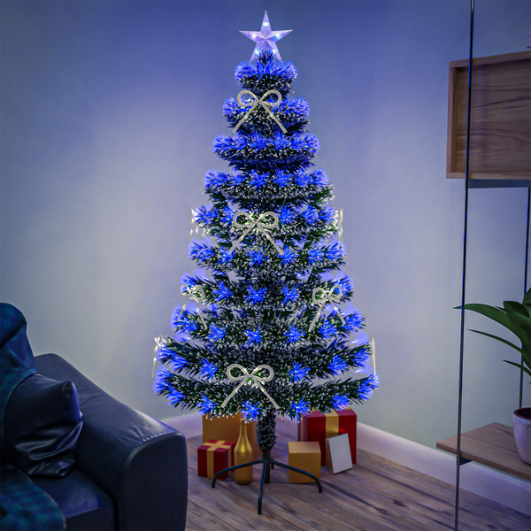 Green Fibre Optic Christmas Tree with White Tips, Bows, Blue LED Lights