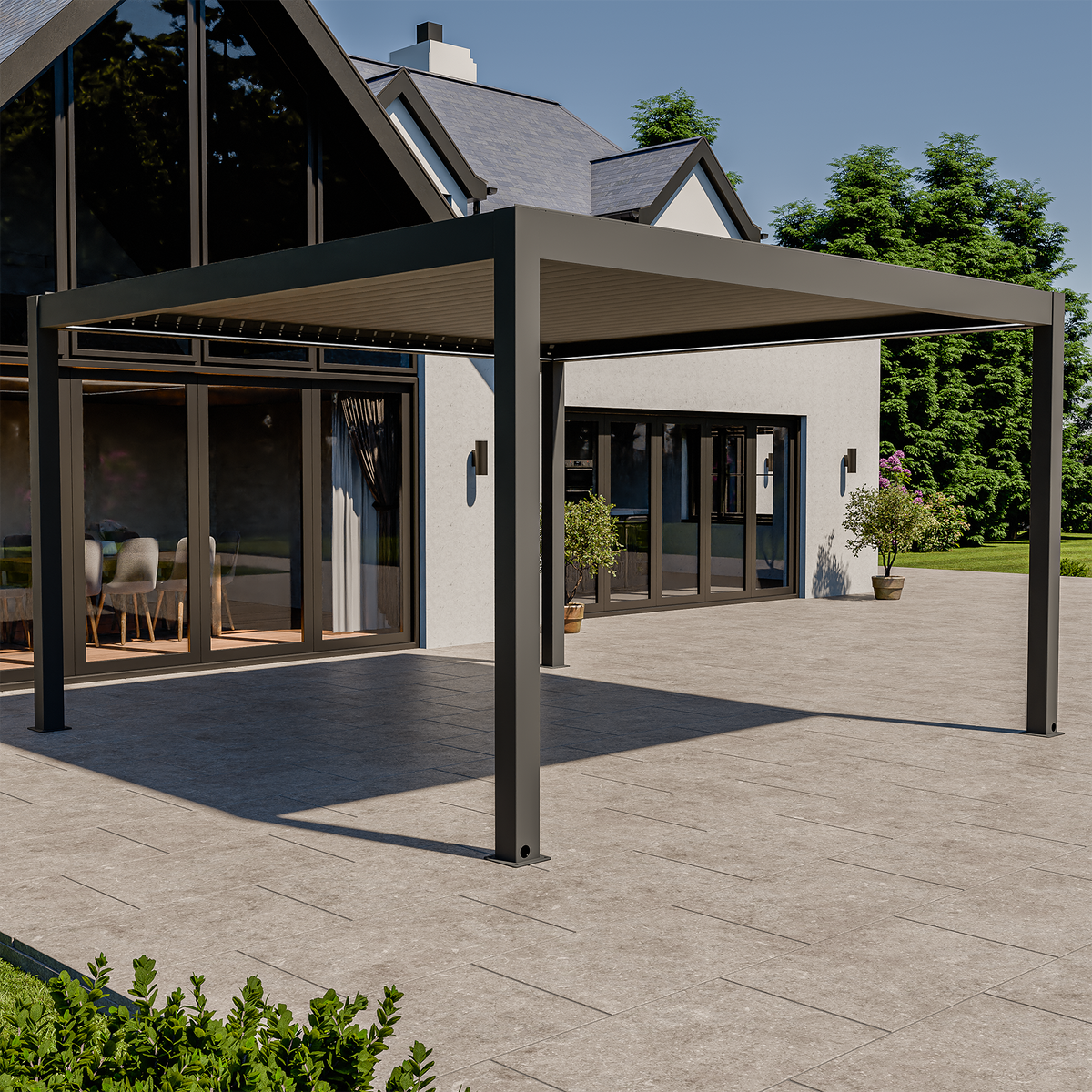 Bracken Outdoors Eclipse Plus 4m x 4m Grey Square Motorised Aluminium Garden Pergola with Lights