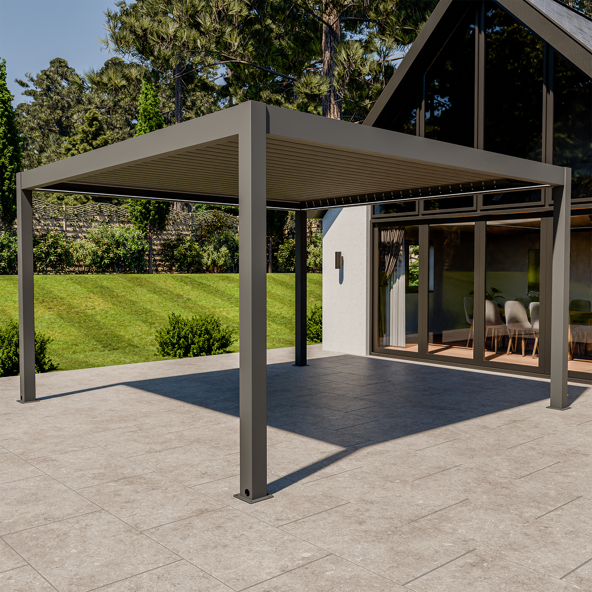 Bracken Outdoors Eclipse Plus 4m x 4m Grey Square Motorised Aluminium Garden Pergola with Lights