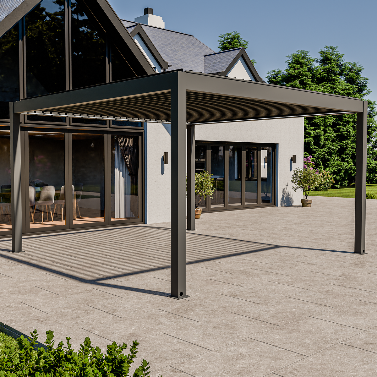 Bracken Outdoors Eclipse Plus 4m x 4m Grey Square Motorised Aluminium Garden Pergola with Lights