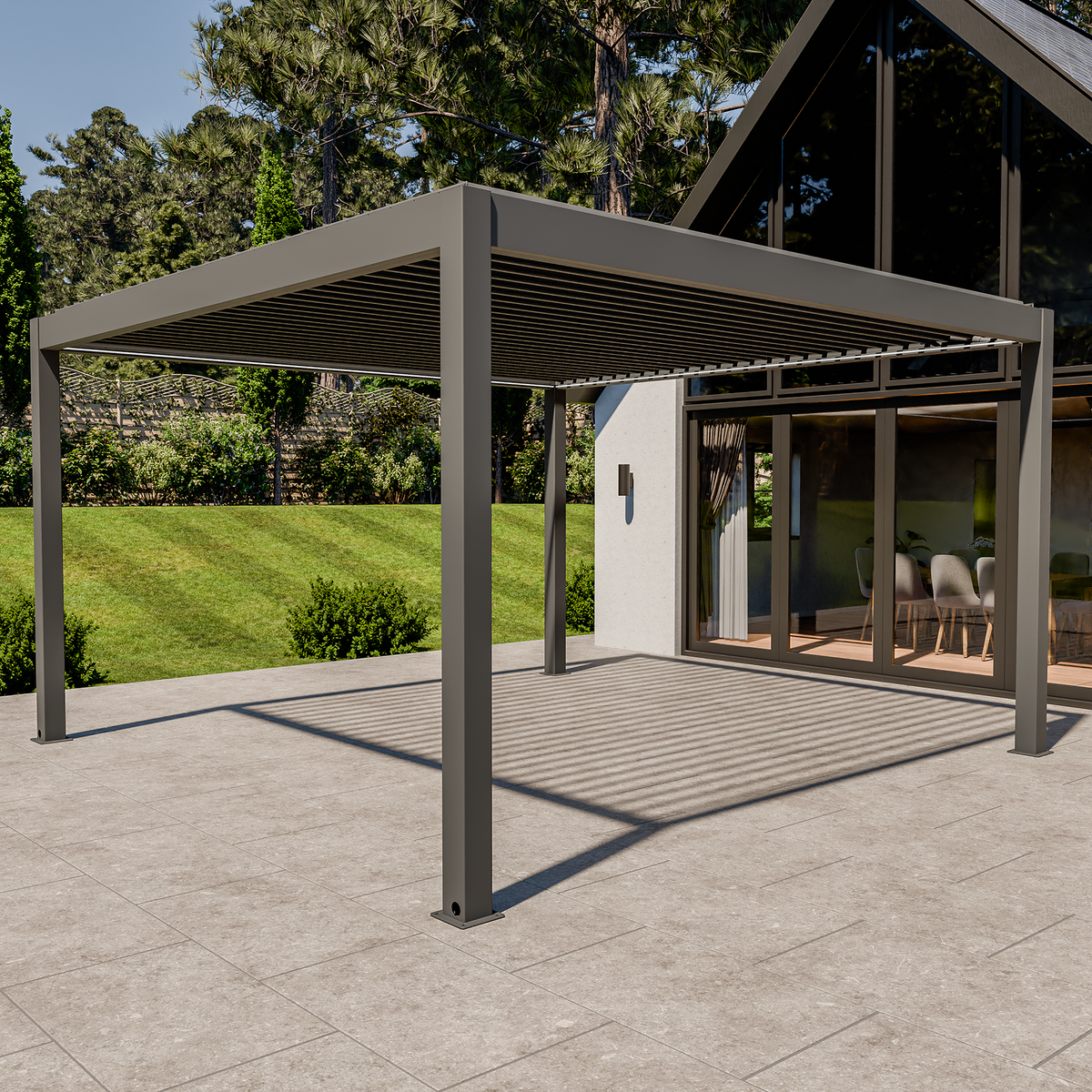 Bracken Outdoors Eclipse Plus 4m x 4m Grey Square Motorised Aluminium Garden Pergola with Lights