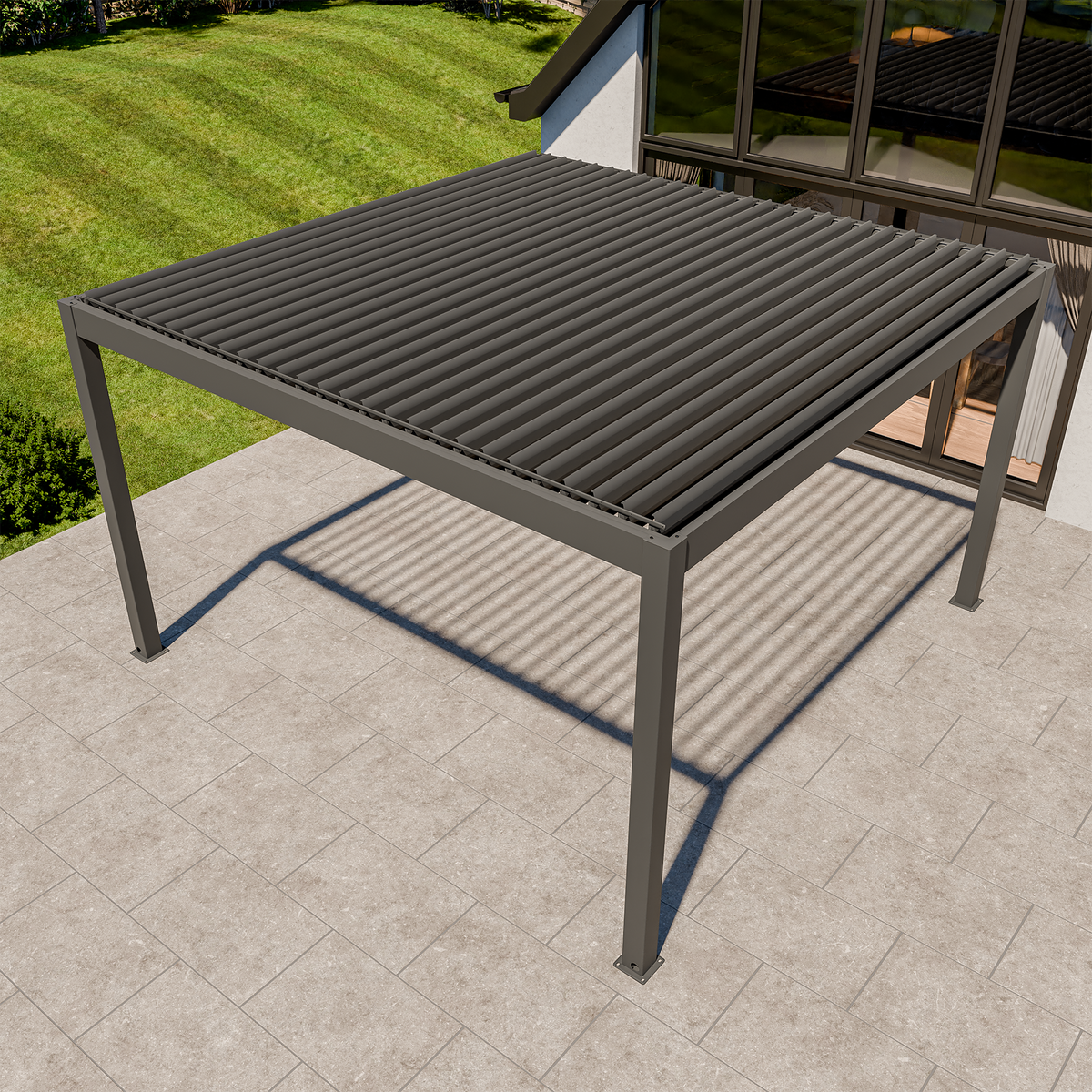 Bracken Outdoors Eclipse Plus 4m x 4m Grey Square Motorised Aluminium Garden Pergola with Lights