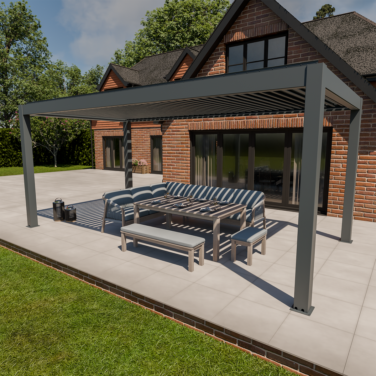 Bracken Outdoors Meridian 6m x 3m Grey Motorised Aluminium Garden Pergola with LED Lights