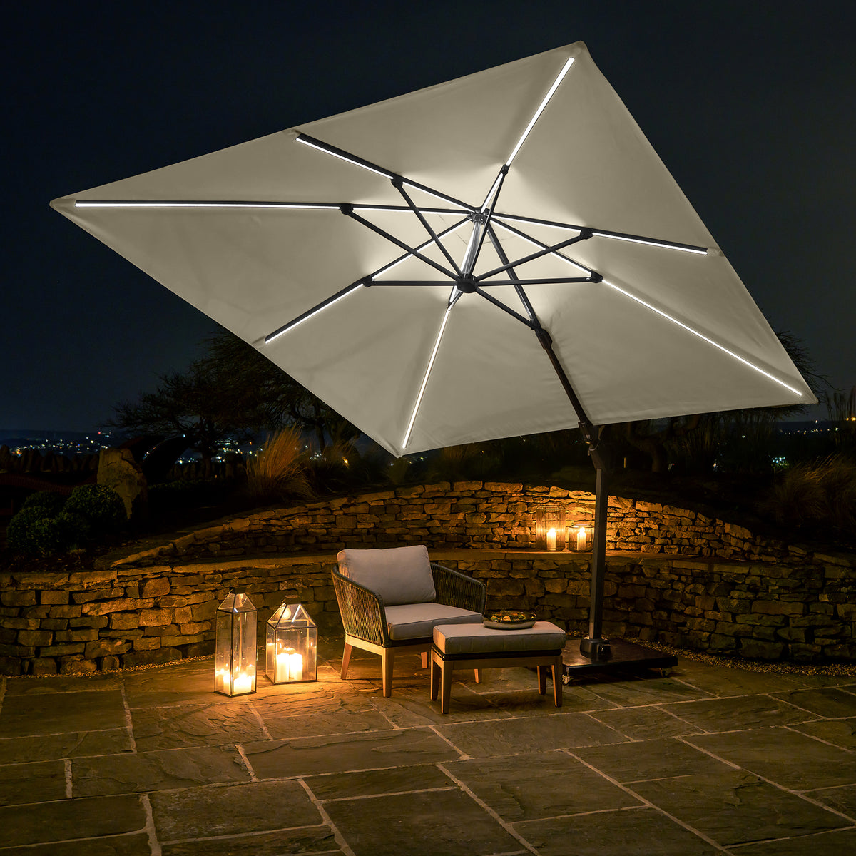 Platinum Challenger T2 Glow 3m x 3m Ivory Cantilever Free Arm Parasol