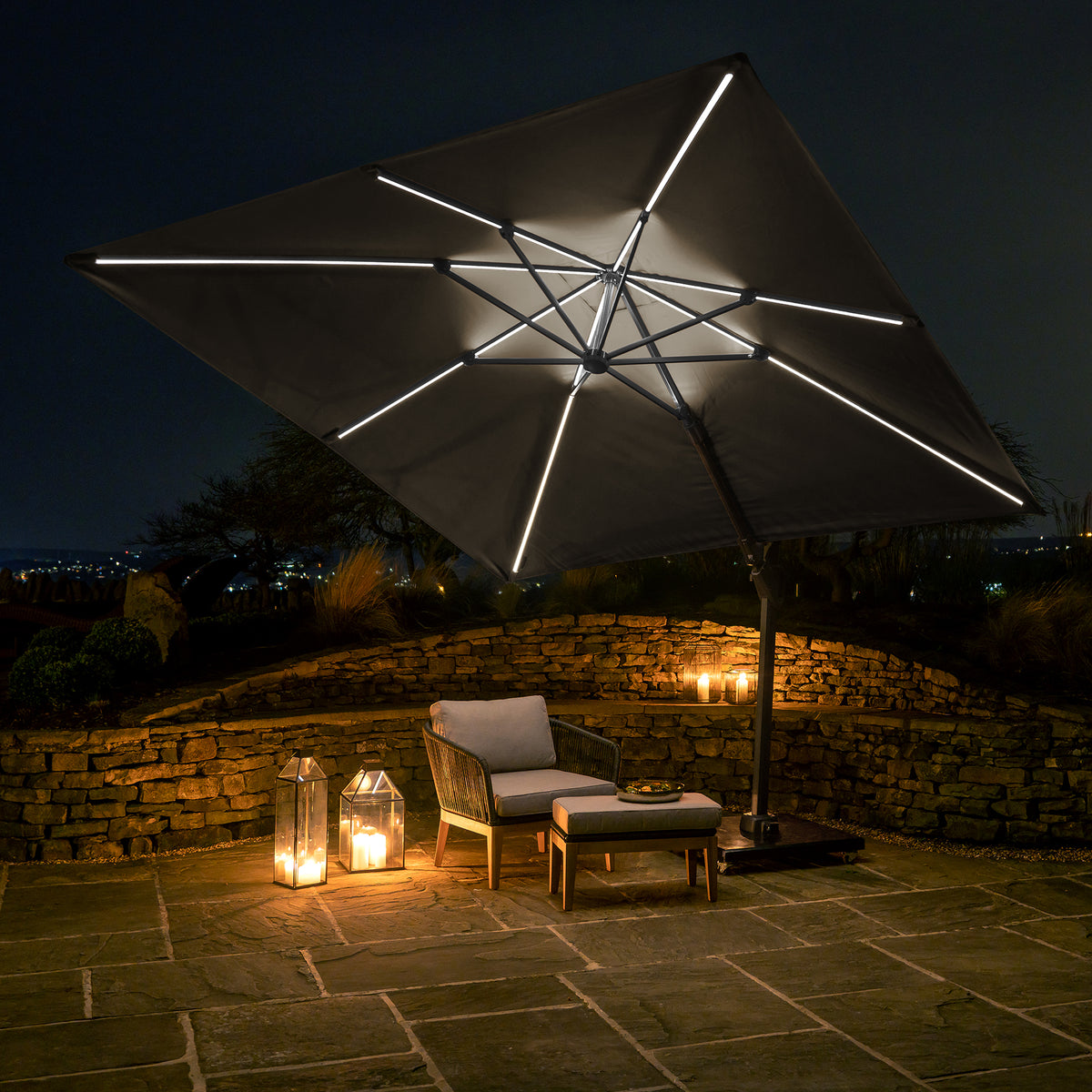 Platinum Challenger T2 Glow 3m x 3m Anthracite Grey Cantilever Free Arm Parasol