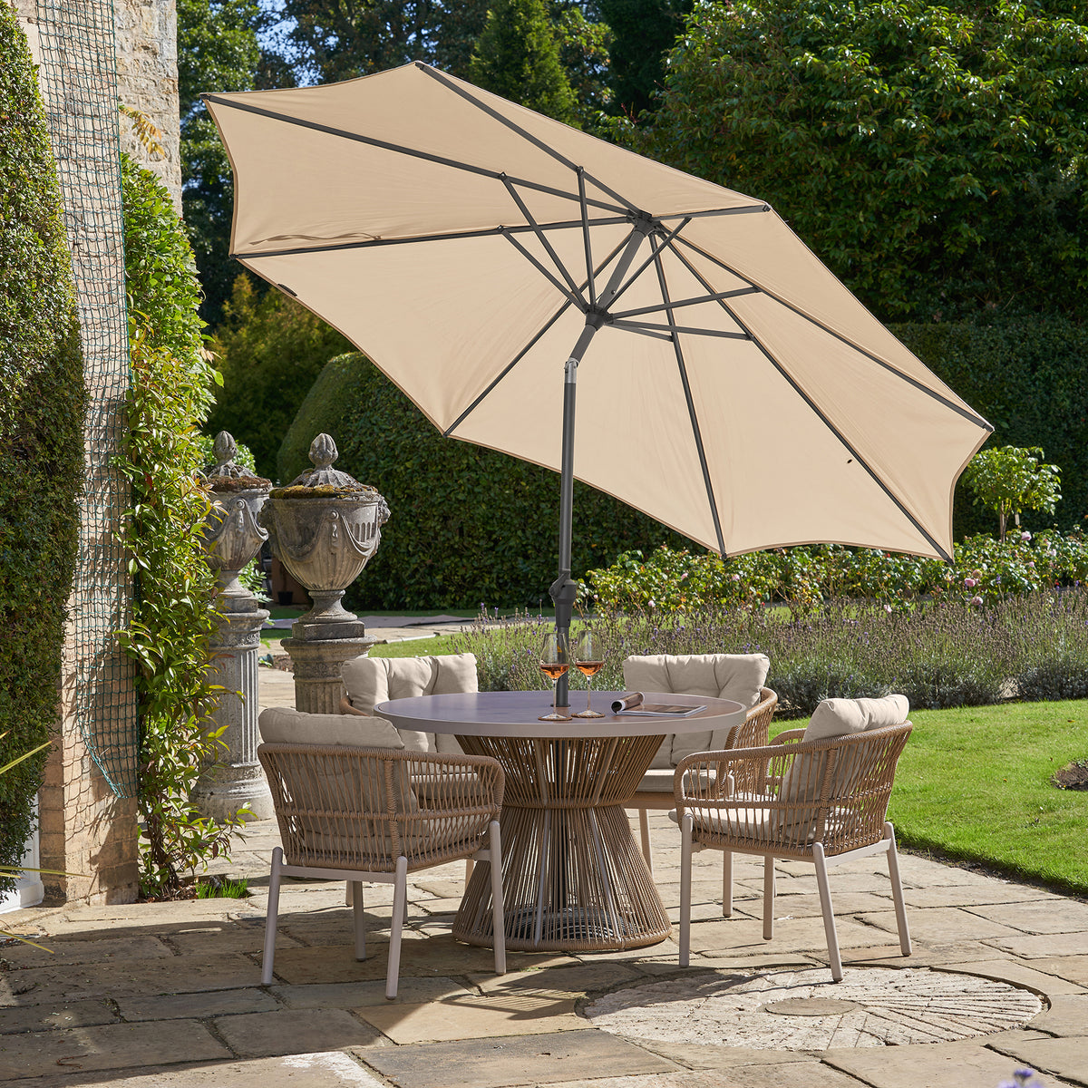 Platinum Riva 3m Round Crank and Tilt Champagne Garden Parasol