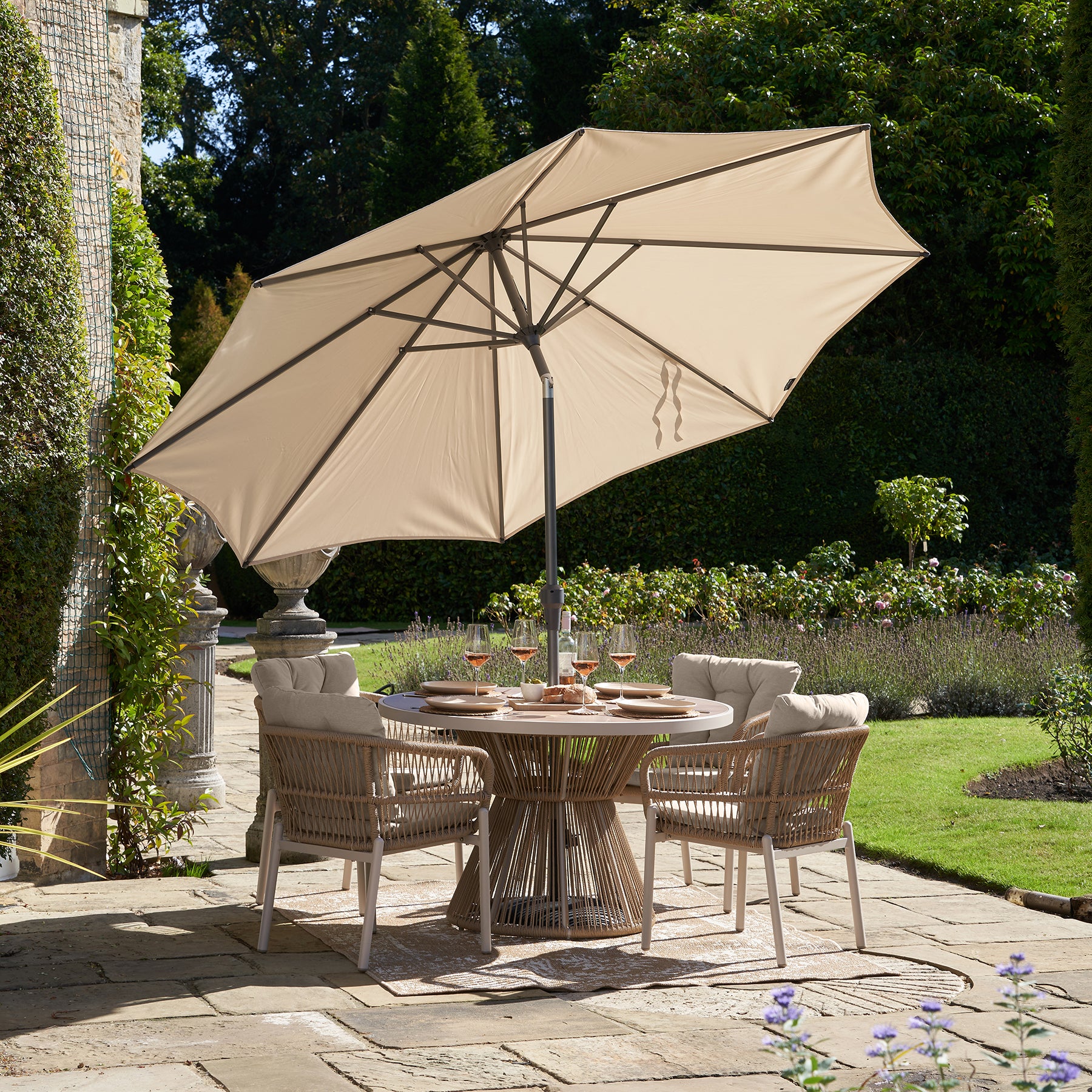 Platinum Riva 3m Round Crank and Tilt Champagne Garden Parasol