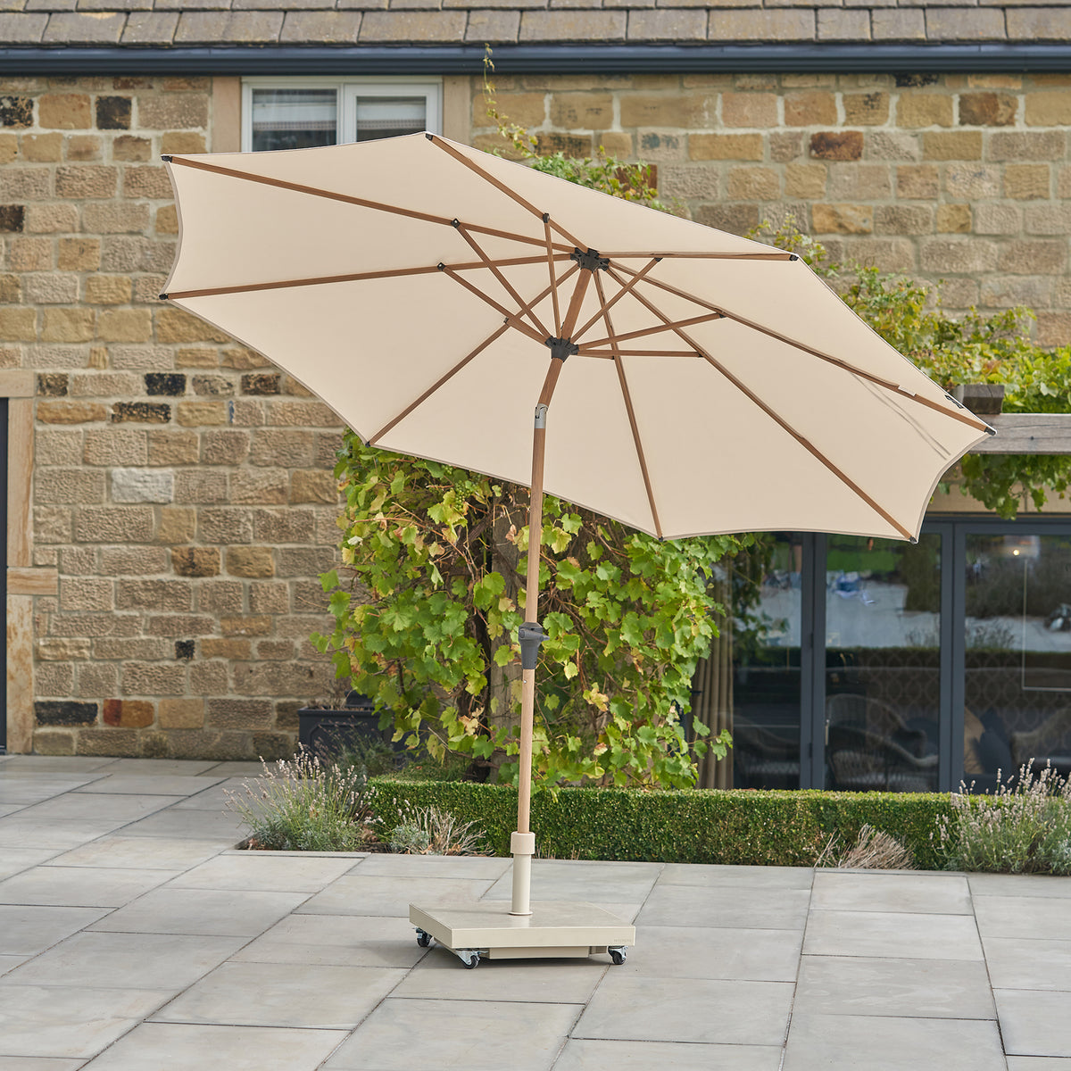 Platinum Riva 3m Round Wood Effect Crank and Tilt Champagne Garden Parasol