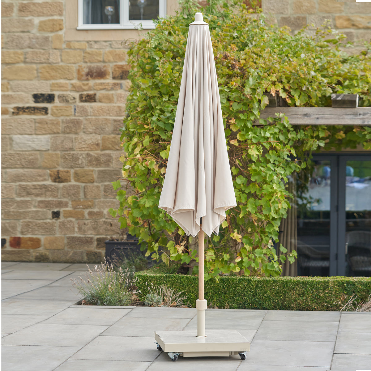 Platinum Riva 3m Round Wood Effect Crank and Tilt Champagne Garden Parasol