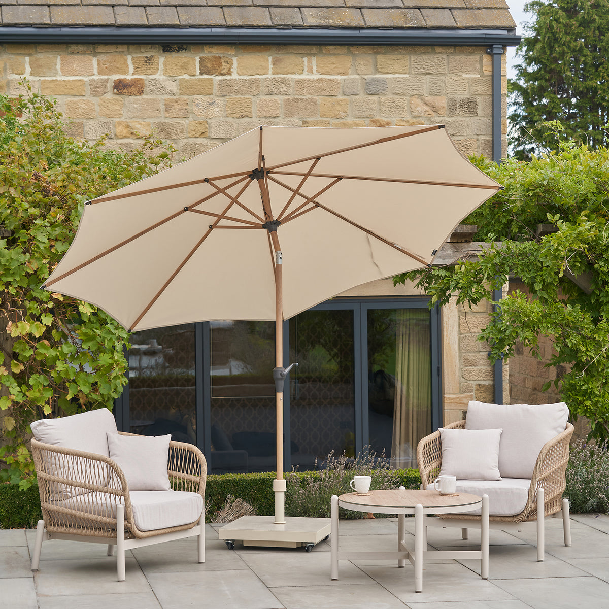 Platinum Riva 3m Round Wood Effect Crank and Tilt Champagne Garden Parasol