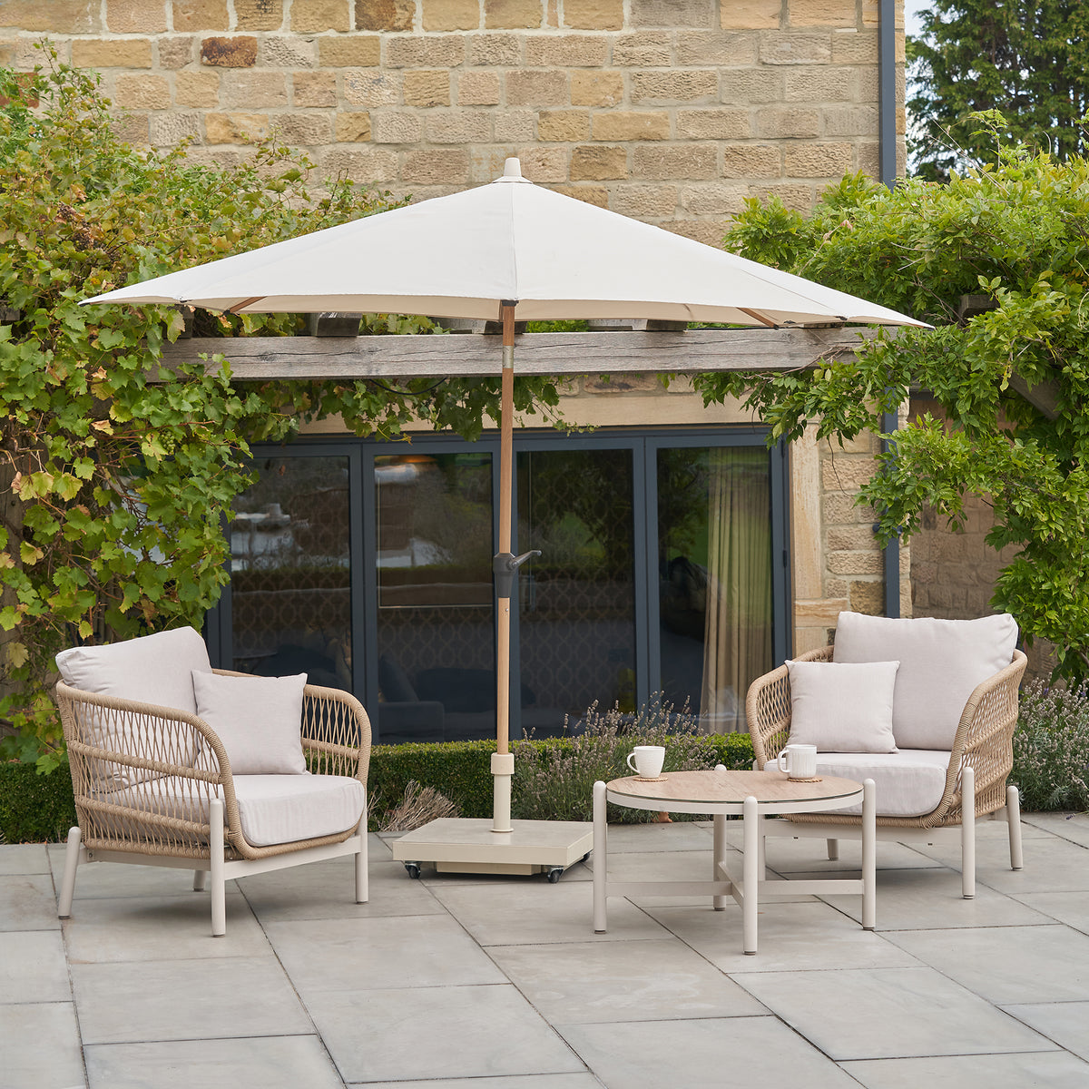 Platinum Riva 3m Round Wood Effect Crank and Tilt Champagne Garden Parasol