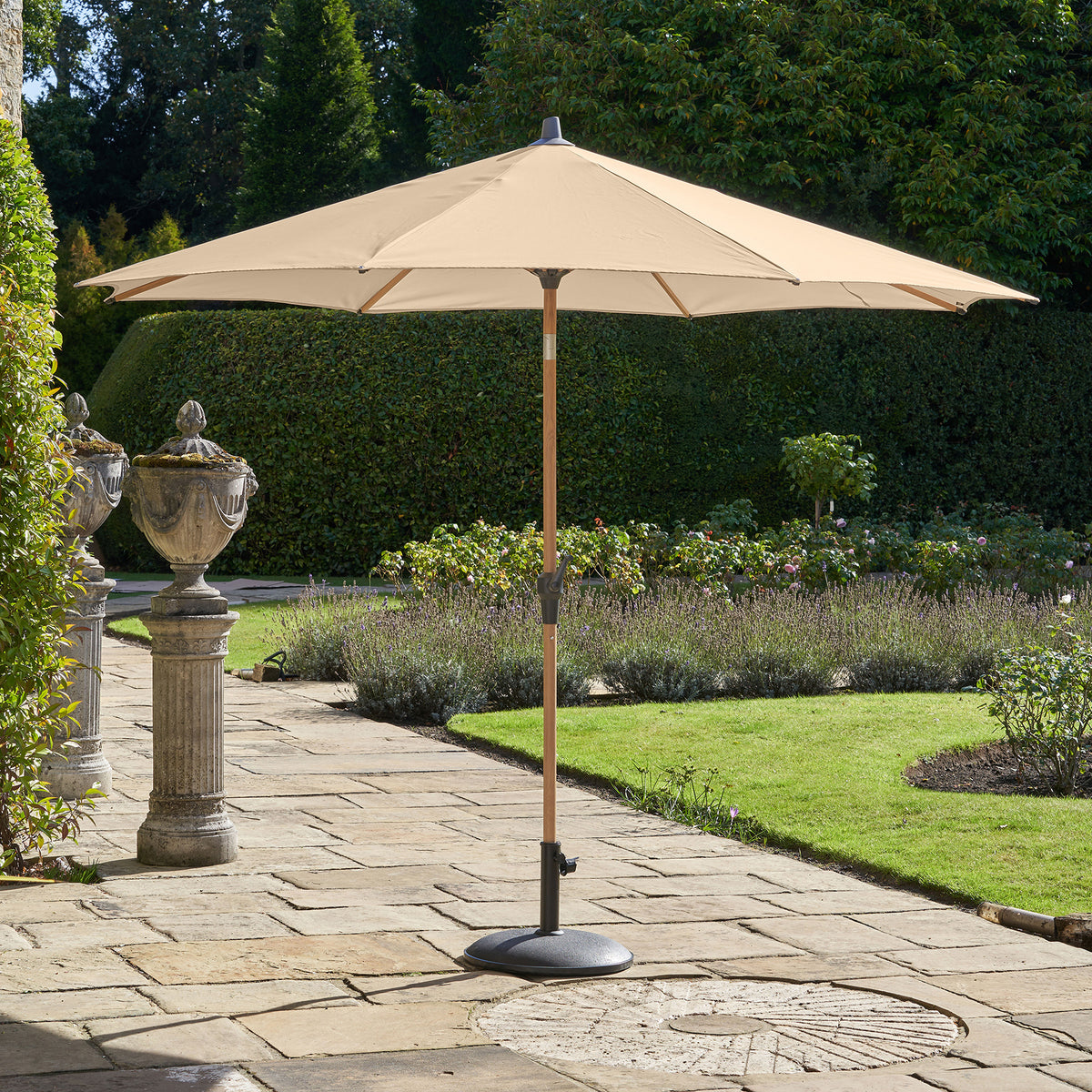 Platinum Riva 3m Round Wood Effect Crank and Tilt Champagne Garden Parasol