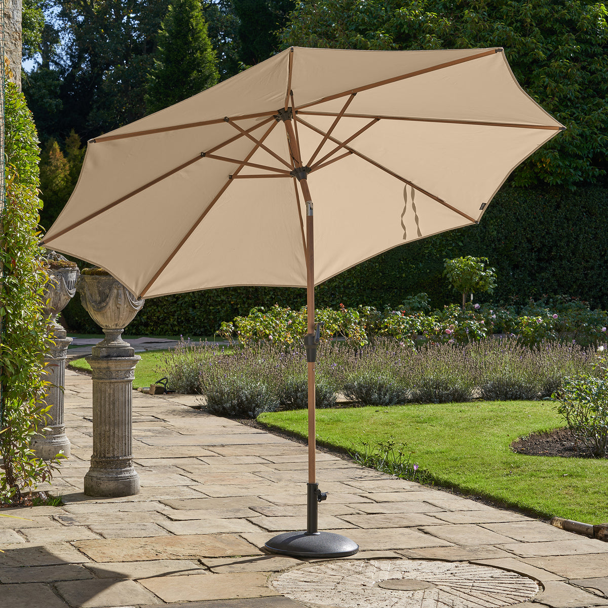 Platinum Riva 3m Round Wood Effect Crank and Tilt Champagne Garden Parasol