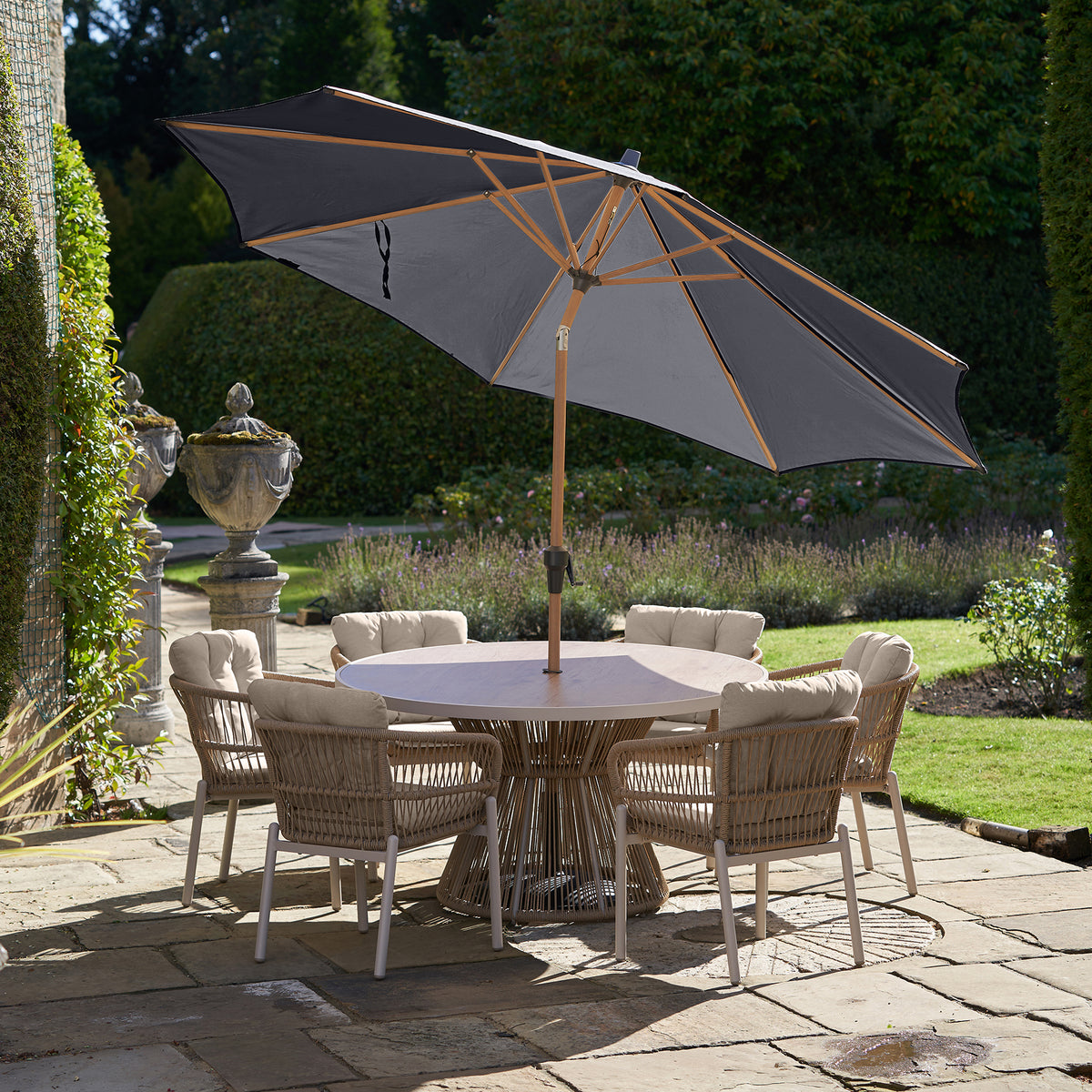 Platinum Riva 3m Round Wood Effect Crank and Tilt Anthracite Garden Parasol