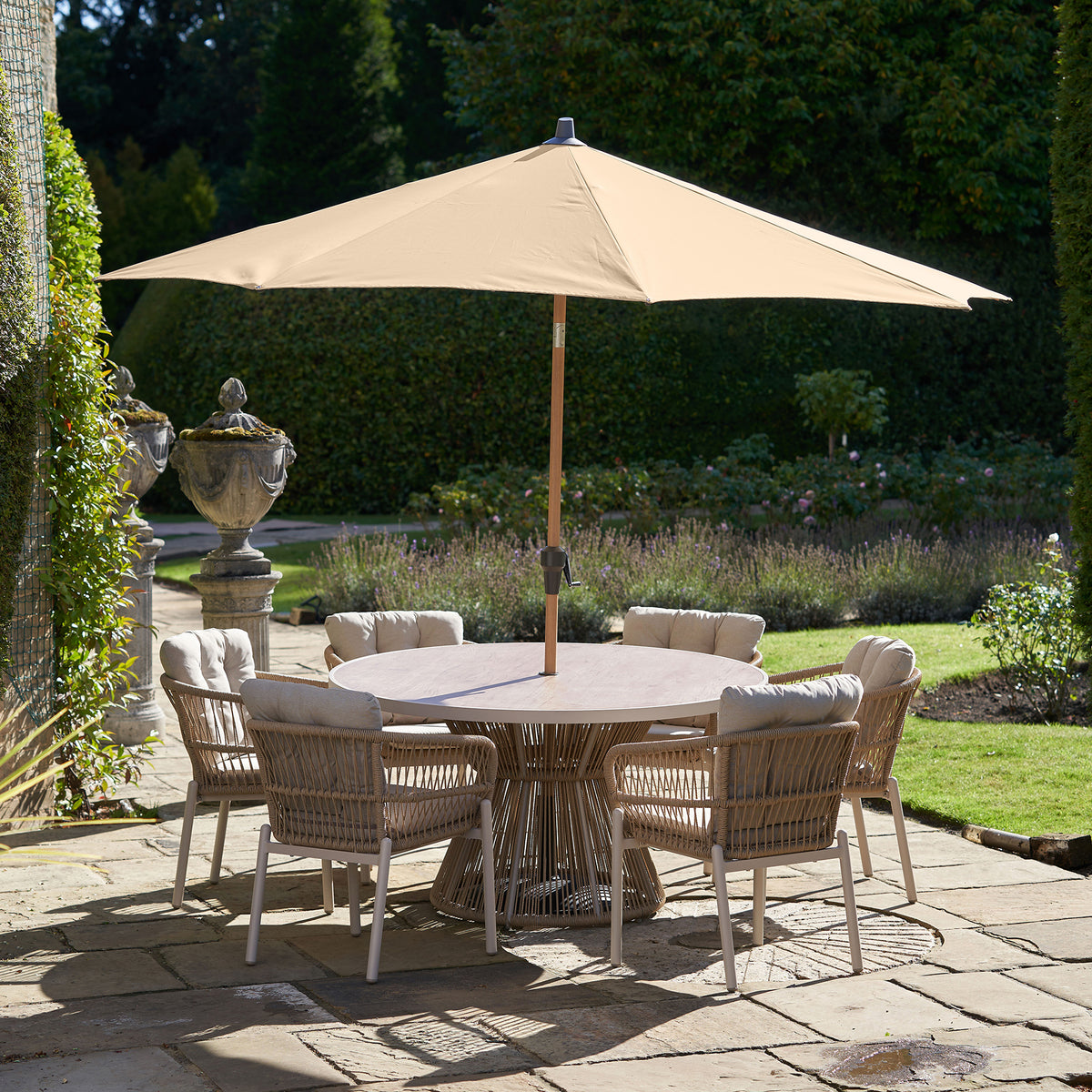 Platinum Riva 3m Round Wood Effect Crank and Tilt Champagne Garden Parasol