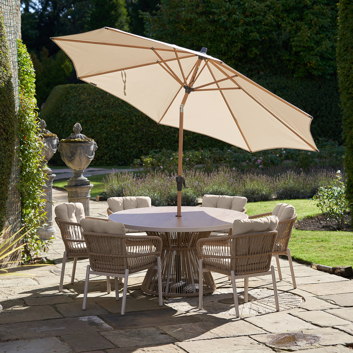 Platinum Riva 3m Round Wood Effect Crank and Tilt Champagne Garden Parasol