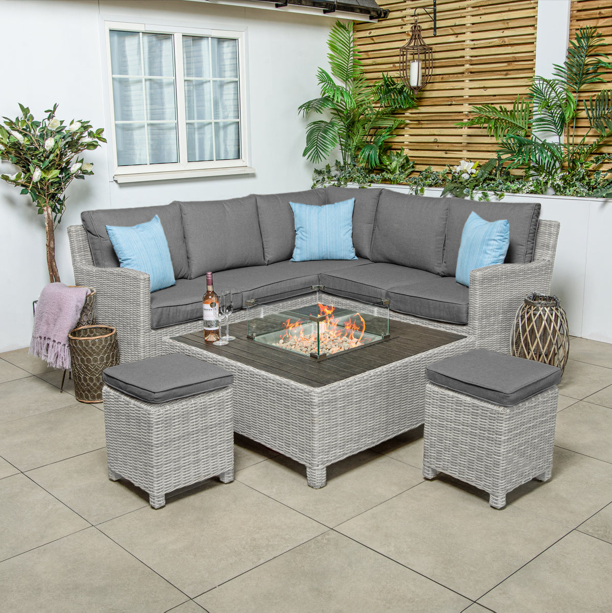 Kettler Palma Mini Corner Whitewash Wicker Outdoor Sofa Set with Low Fire Pit Table