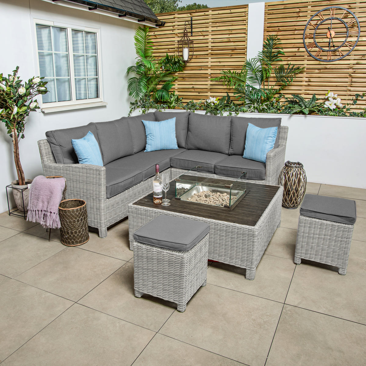 Kettler Palma Mini Corner Whitewash Wicker Outdoor Sofa Set with Low Fire Pit Table