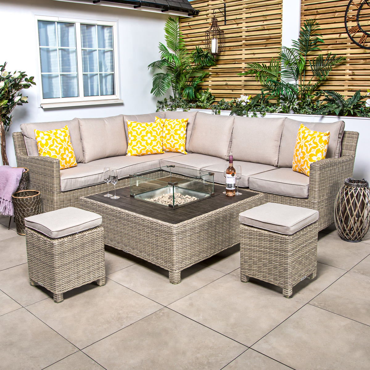 Kettler Palma Corner Right Hand Oyster Wicker Outdoor Sofa Set with Low Fire Pit Table