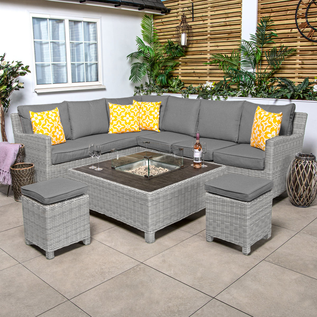 Kettler Palma Corner Right Hand White Wash Sofa Set with Low Fire Pit Table