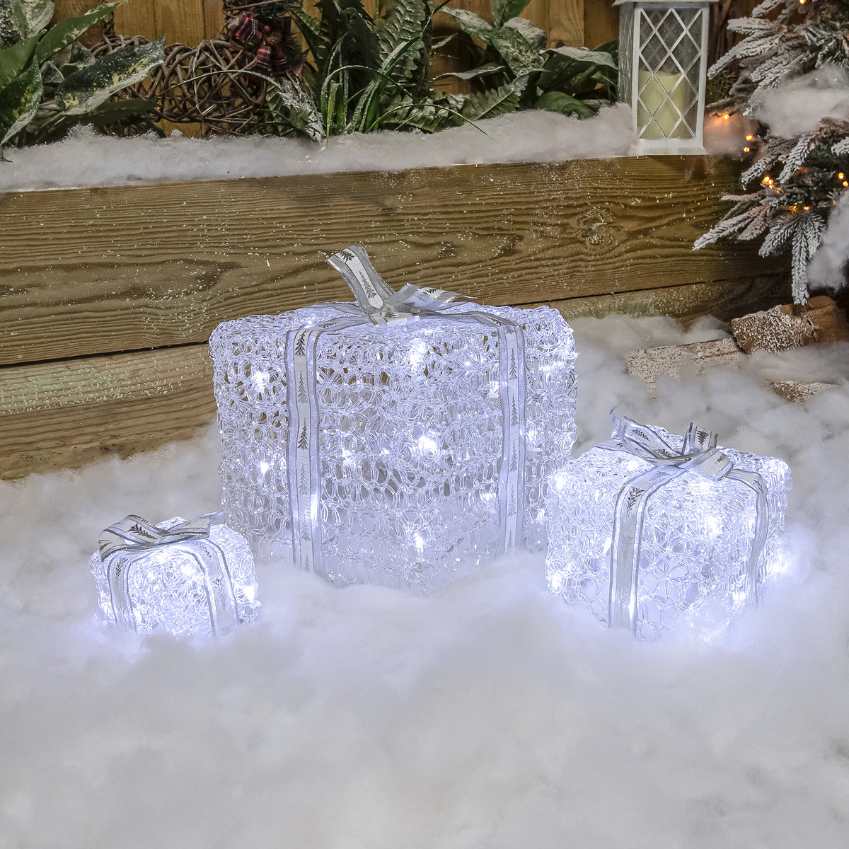 Set of 3 Soft Acrylic Light Up Christmas Parcels with 59 White/Warm White LEDs