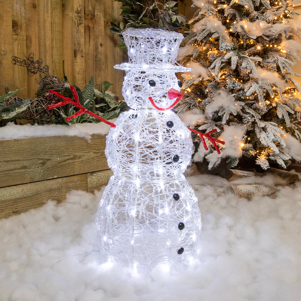 Christmas Snowman Lights - 80cm Soft Acrylic Light Up Snowmen with 100 Cool White Twinkling LEDs
