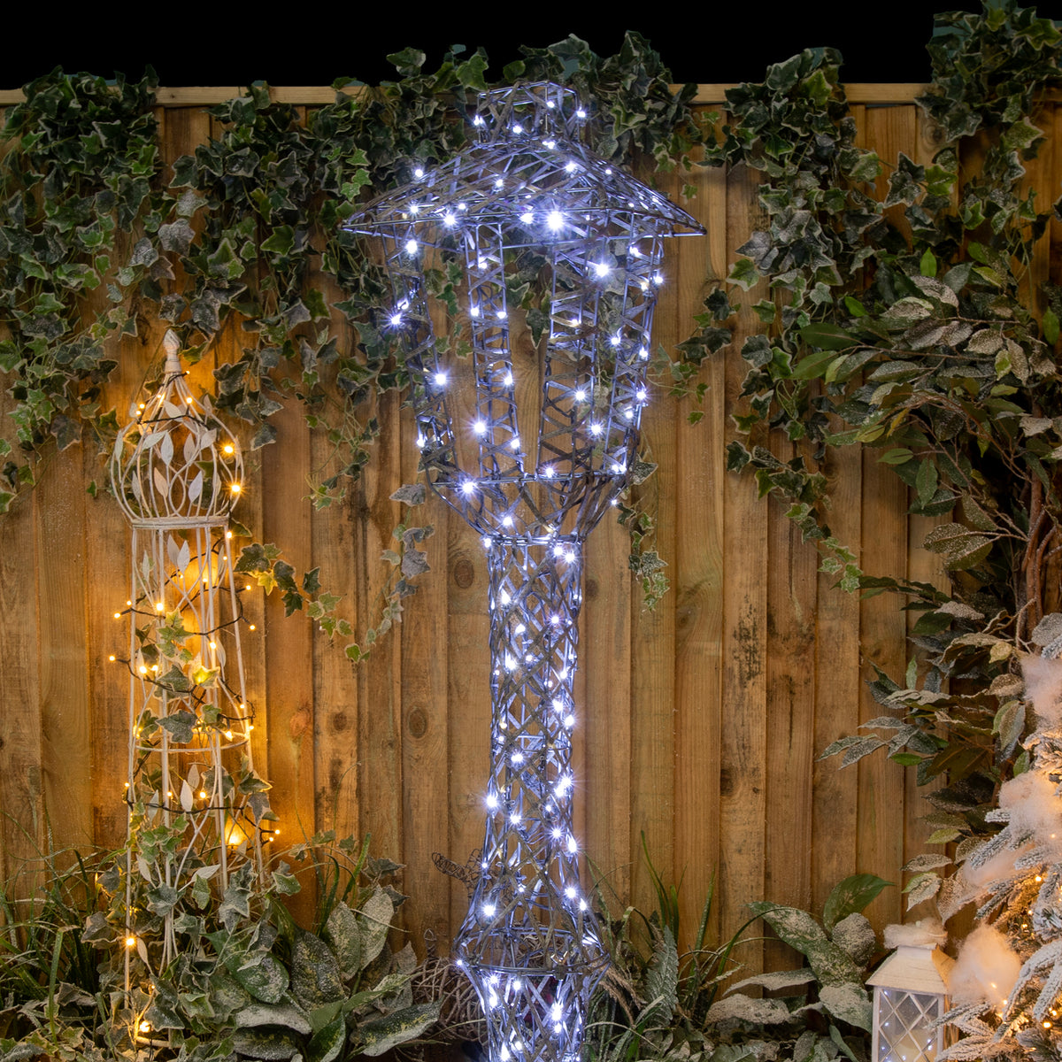 Light Up Christmas Lamp Post Lantern in Grey Weave with 200 White/Warm White LEDs -1.8m