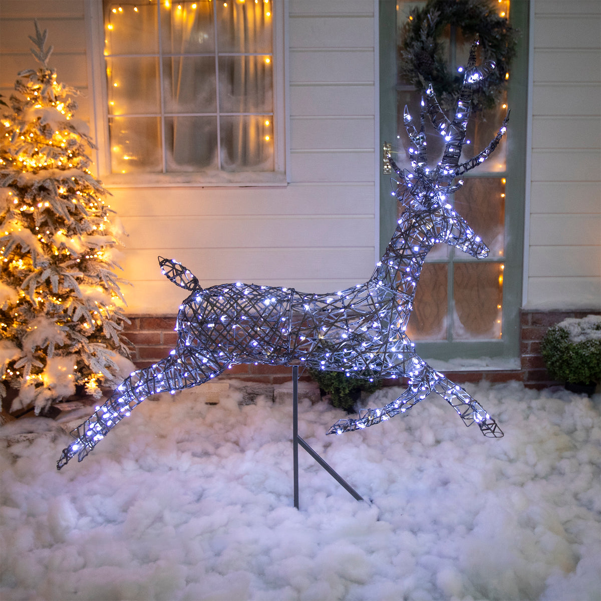 Christmas Reindeer Lights - 1.5M Grey Weave Light Up Flying Stag with 330 White LEDs