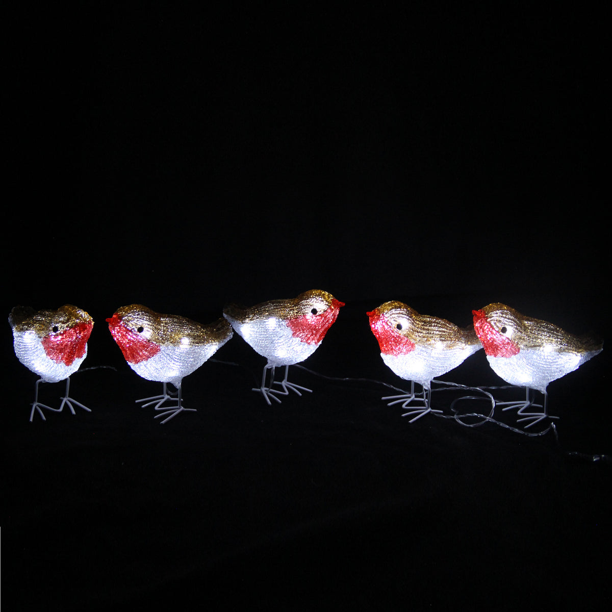 Set of 5 Soft Acrylic Light Up Christmas Robins with 40 Cool White Static LEDs
