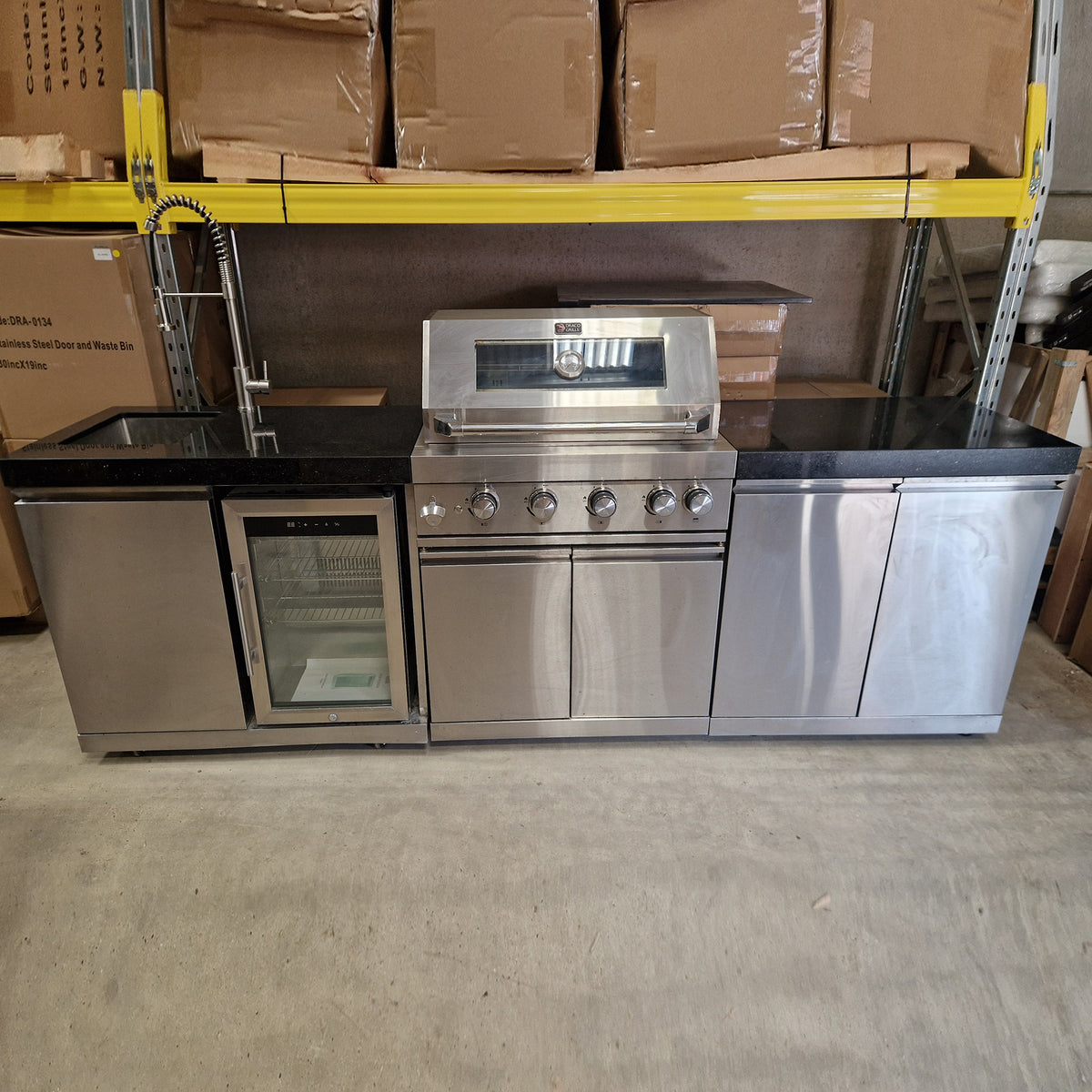 Ex Display Draco Grills 4 Burner BBQ Modular Outdoor Kitchen with Sink and Fridge Unit and Double Cupboard