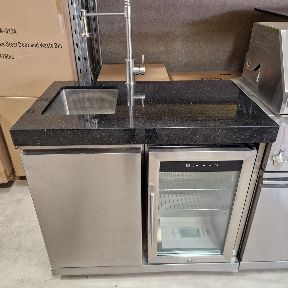Ex Display Draco Grills 4 Burner BBQ Modular Outdoor Kitchen with Sink and Fridge Unit and Double Cupboard