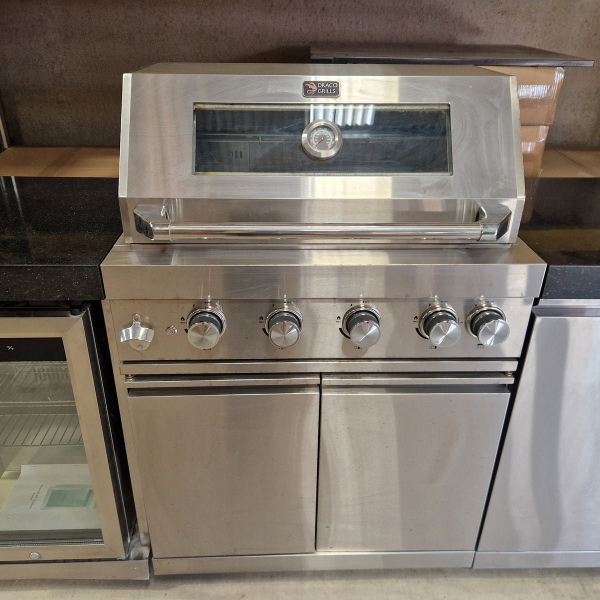 Ex Display Draco Grills 4 Burner BBQ Modular Outdoor Kitchen with Sink and Fridge Unit and Double Cupboard