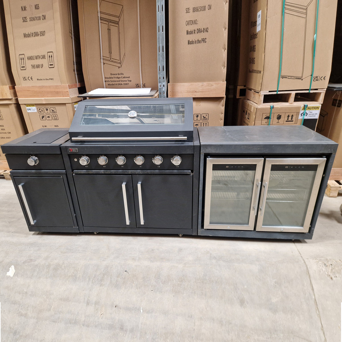 Ex Display Draco Grills Fusion 6 Burner Black Outdoor Kitchen with Side Burner and Double Cupboard