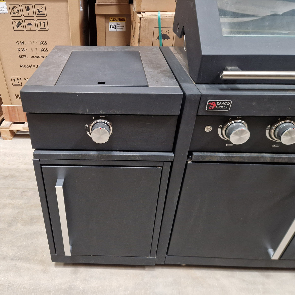 Ex Display Draco Grills Fusion 6 Burner Black Outdoor Kitchen with Side Burner and Double Cupboard