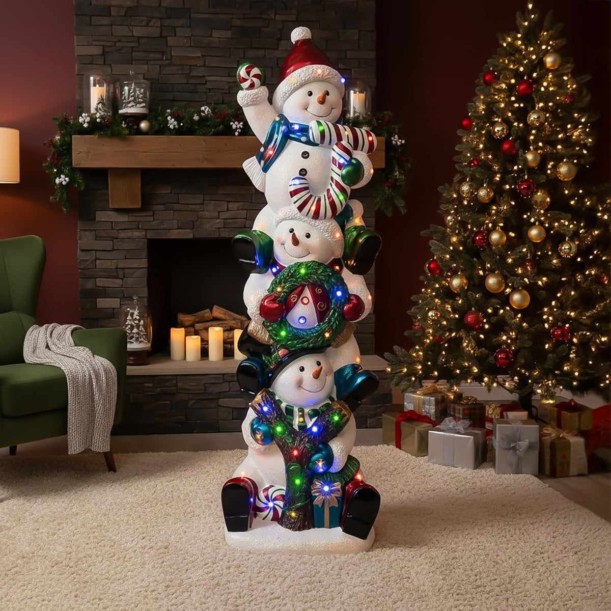 5ft Christmas Joy Snowman Stack with Multicoloured LED Lights