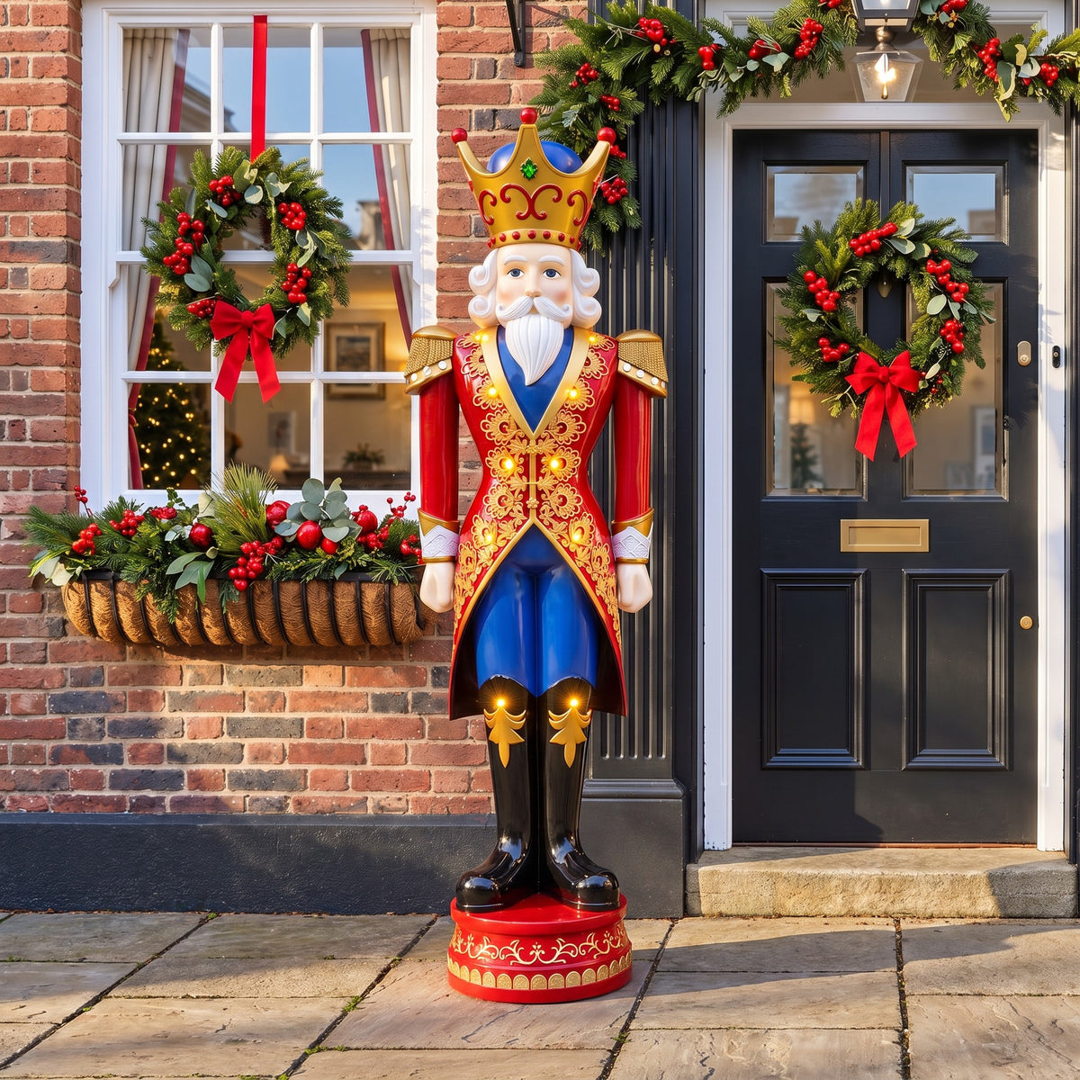 6ft Extra Large Traditional Christmas Nutcracker King - Red, Blue and Cream with LED Lights
