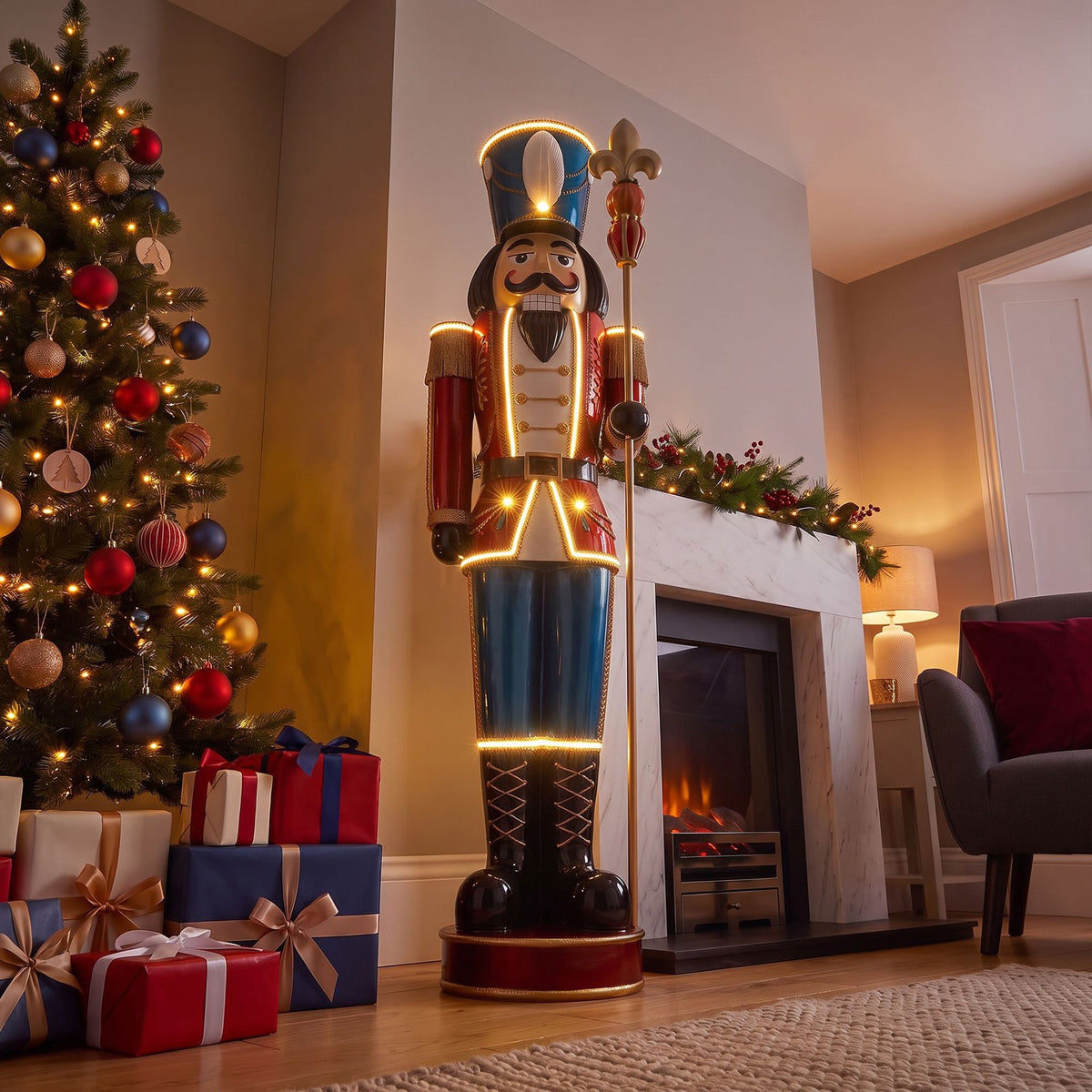 6ft Traditional Christmas Nutcracker Red White & Blue with Warm White LED Strip Lights