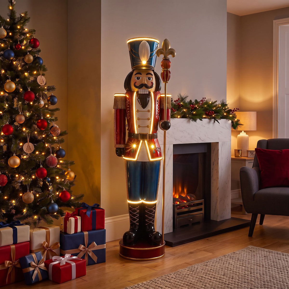 6ft Traditional Christmas Nutcracker Red White & Blue with Warm White LED Strip Lights