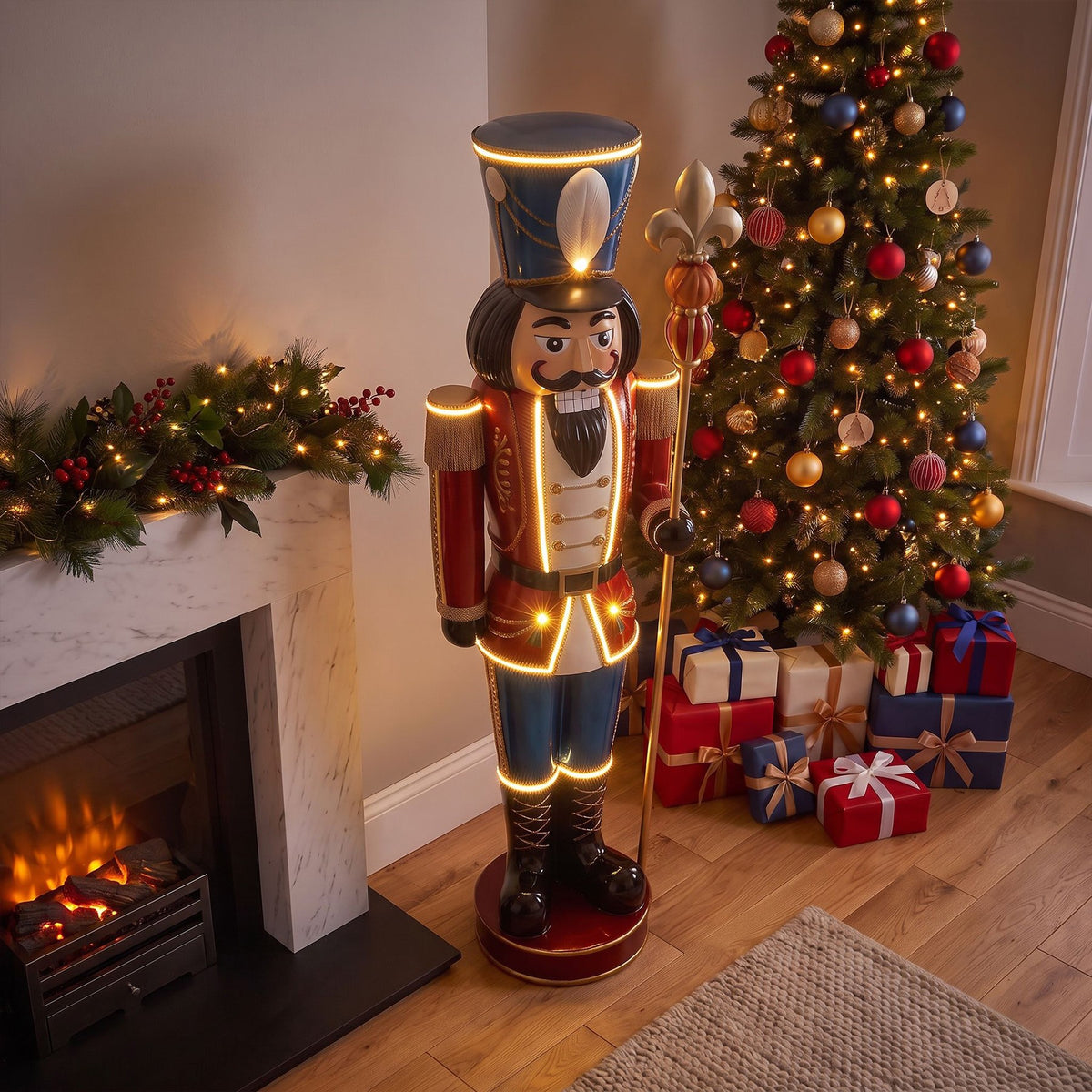 6ft Traditional Christmas Nutcracker Red White & Blue with Warm White LED Strip Lights