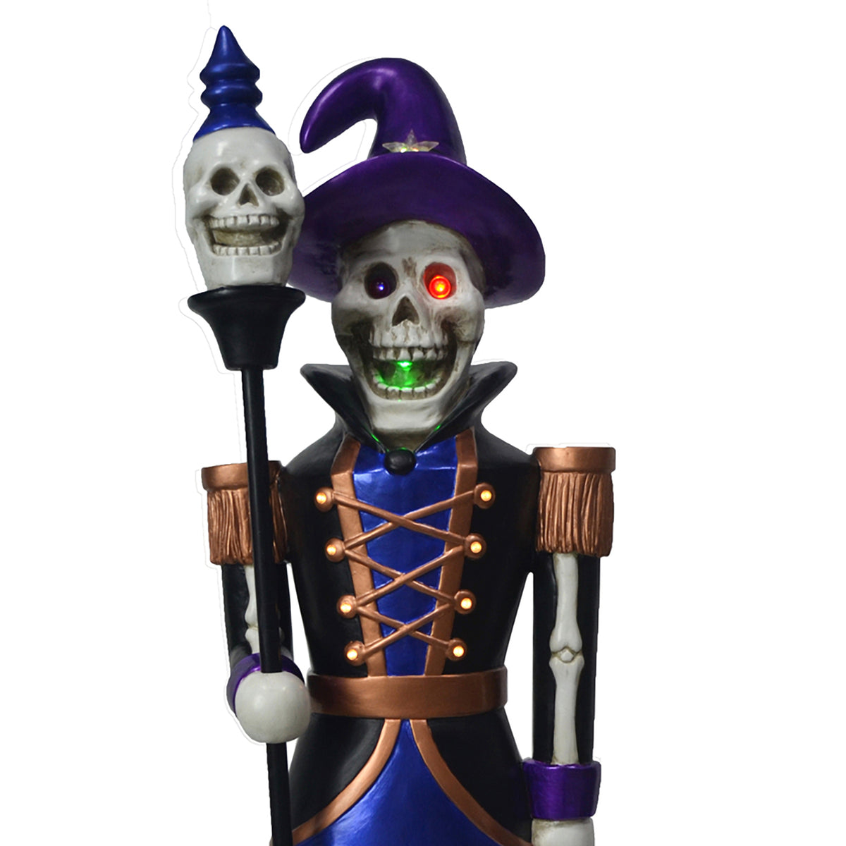 4ft Blue and Purple Halloween Nutcracker Skeleton with Skull Staff and LED Lights