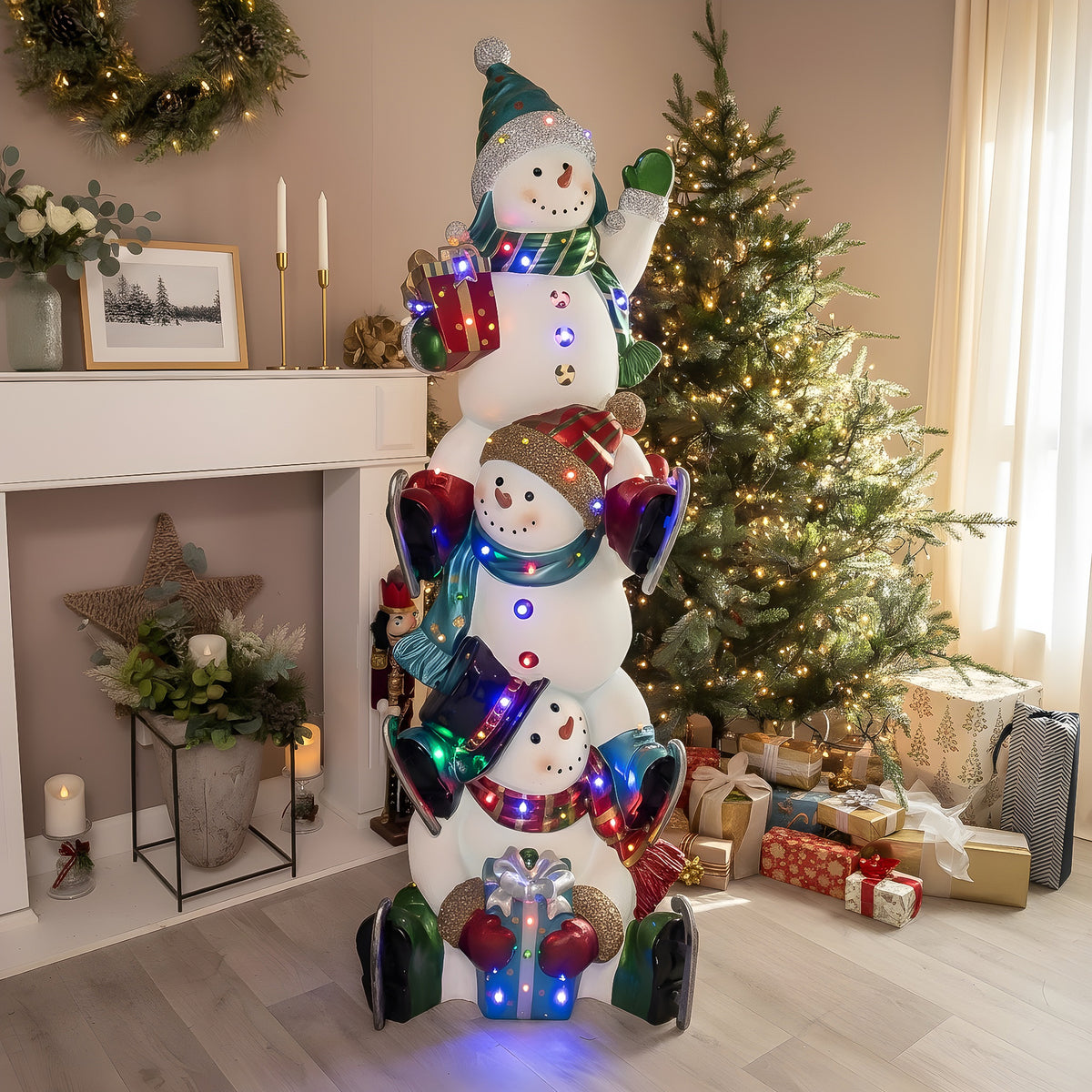 5ft Christmas Snowman Stack with Multicoloured LED Lights