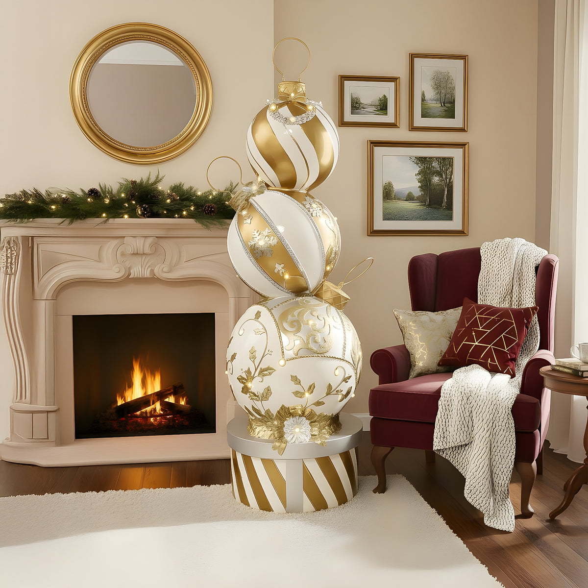 5ft Gold and White Christmas Bauble Stack with Warm White LED Lights